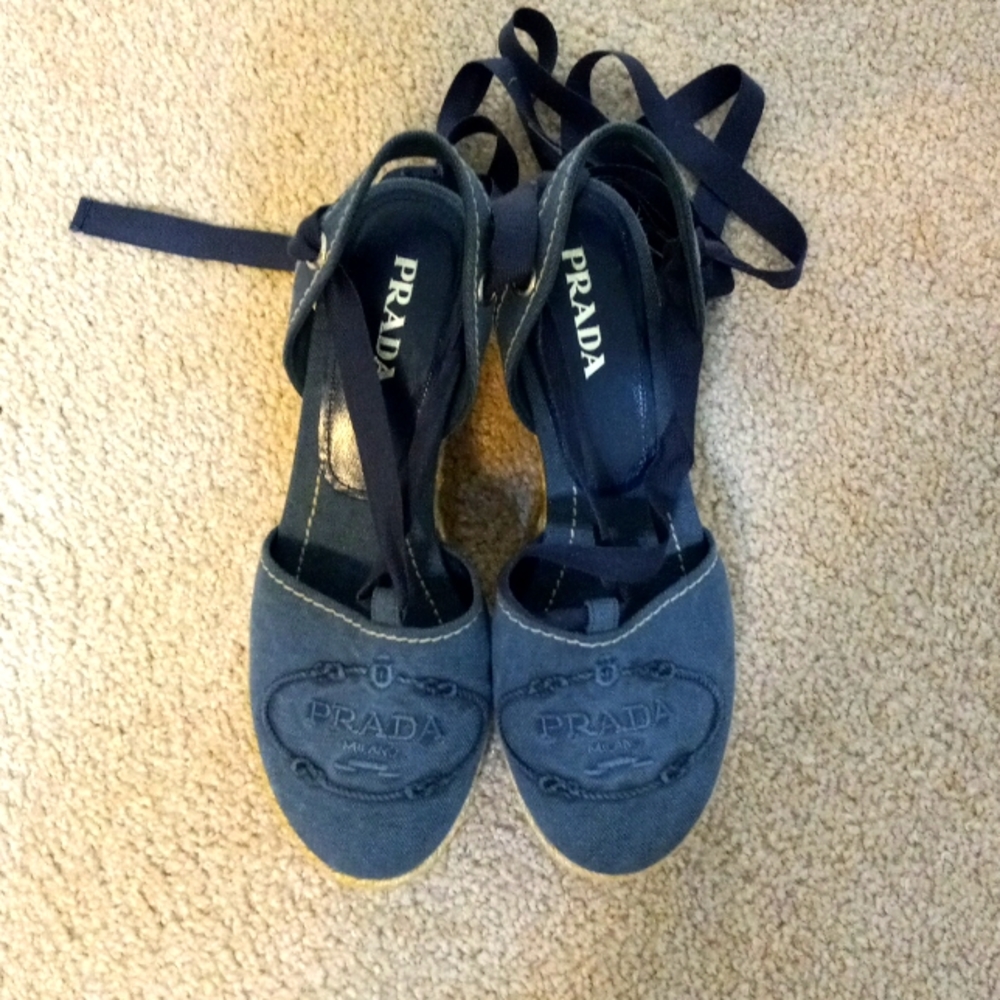 Prada Navy Espadrille Wedge Sandals with Ankle Ties